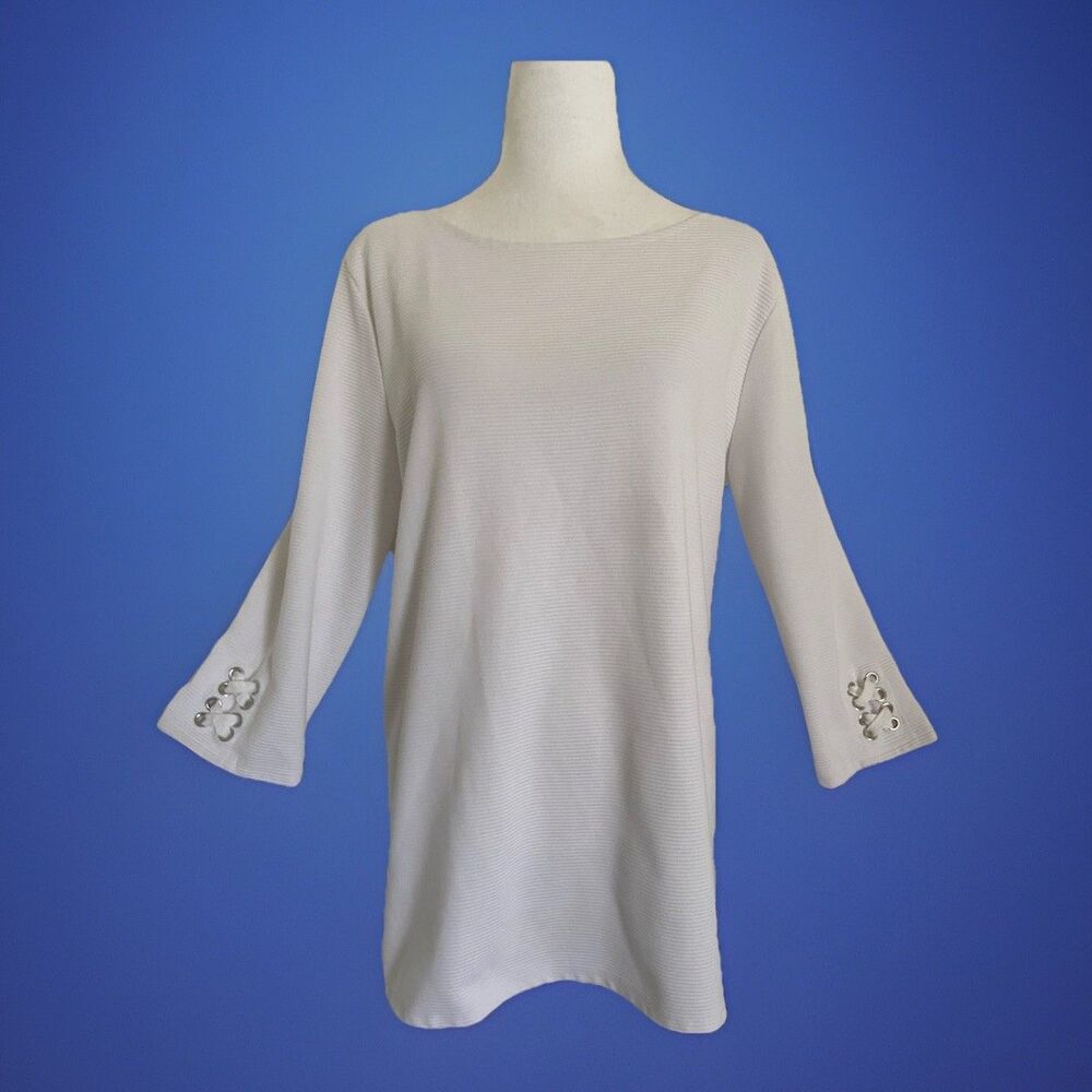 Kim Rogers Women’s Tunic Top White Pullover Ribbed Knit 3/4 Sleeve Size Large